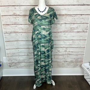 Heather Green Camo Maxi Dress with Pockets small